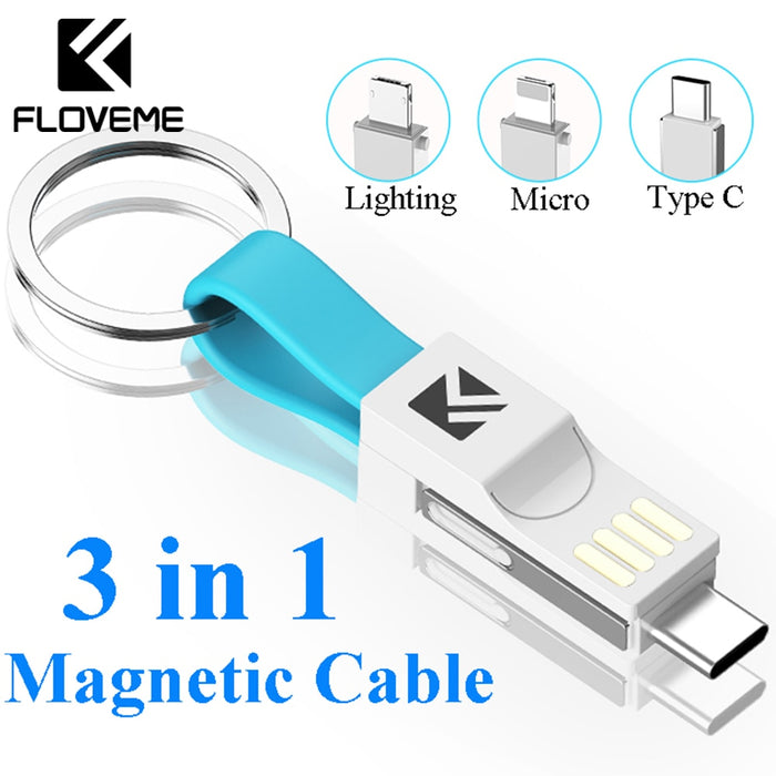 FLOVEME 3 in 1 USB Cable Micro USB Type C Cable For Lightning Cable For iPhone Samsung 2A Mini Keychain Charger Charging Cables