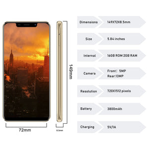 S9 Mobile Phone Android 7.0 5.84" 19:9 Screen 2GB +16GB 13MP Camera 3800mAh celular Smartphone Unlocked Cell Phone - virtualelectronicsstore.com